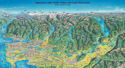 Vancouver with Fraser Valley and Coast Mountains Poster Map - Flat